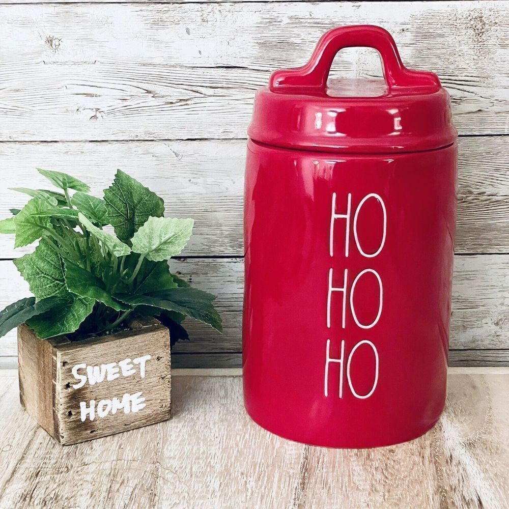 NWT Rae Dunn "HO HO HO" Red 7" Canister Christmas Candle Candy Cane scent